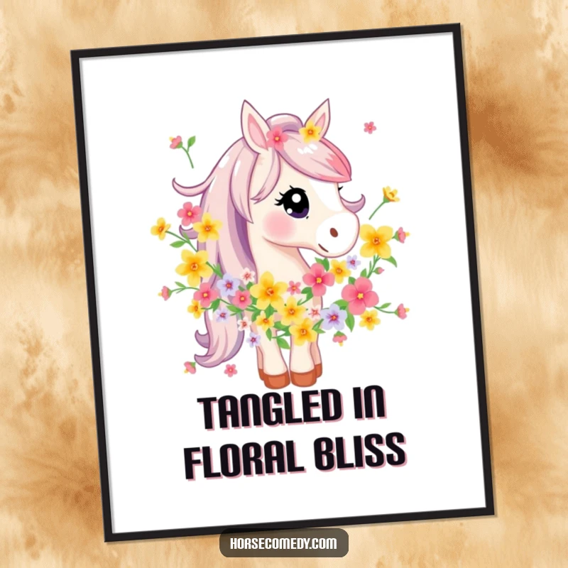 Funny Free Printable Wall Art: A horse character is wrapped in a vibrant garland of flowers, downloadable whimsical decor.