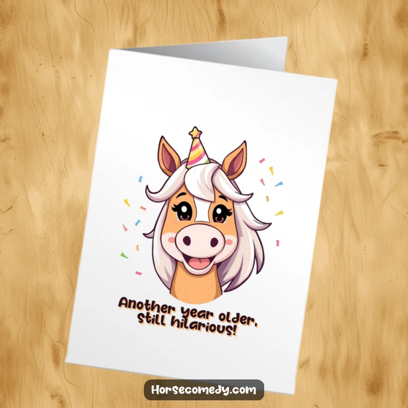Funny Free Printable Horse Birthday Card: A grinning horse in a party hat ready to celebrate wildly.
