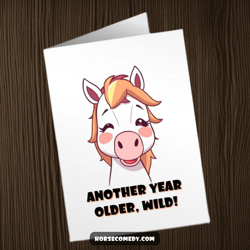 Funny Free Printable Birthday Card: A blushing cartoon horse gleefully blows a noisemaker, ready for a hilarious celebration. Download now!