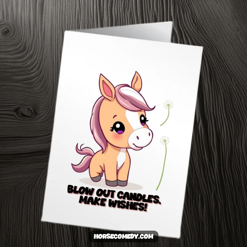 Funny Free Printable Birthday Card featuring a cute horse with perked ears, playfully nudging a floating dandelion seed.
