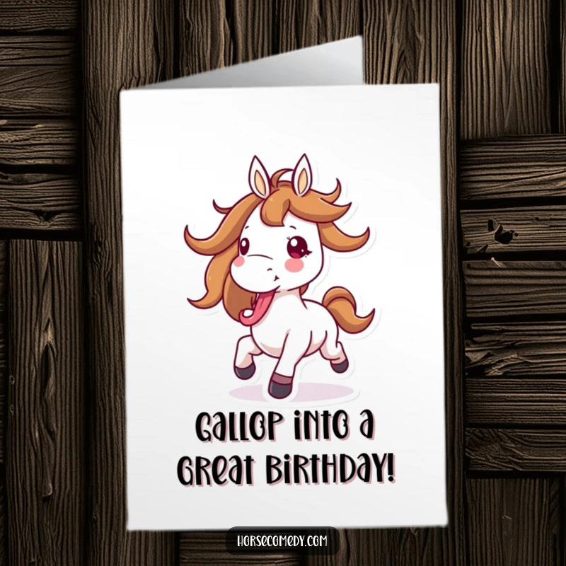 Funny Free Printable Birthday Card: Horse with flying mane, galloping wildly with tongue out, pure joy gift.