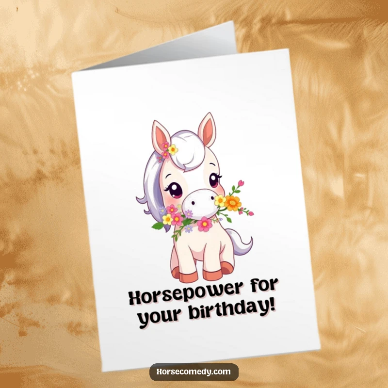 Funny Free Printable Birthday Card featuring a tiny horse, holding a bouquet of flowers in its mouth, ready to deliver birthday cheer.