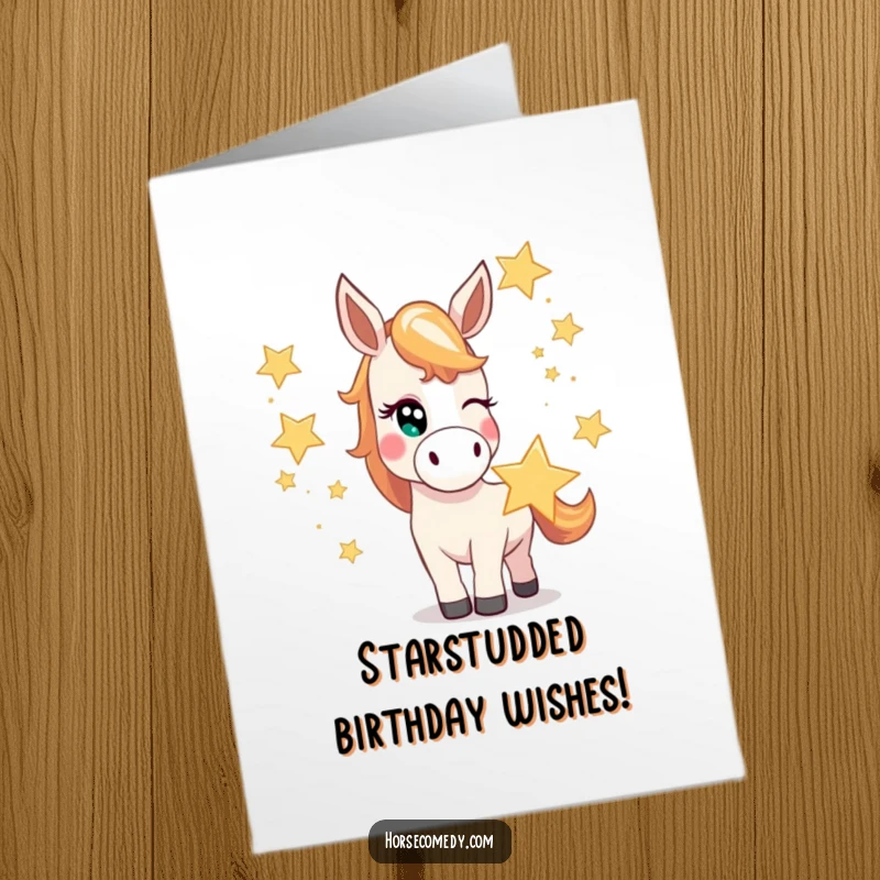Funny Free Printable Birthday Card: Mischievous horse winks while juggling oversized, bright stars, a stellar gift.