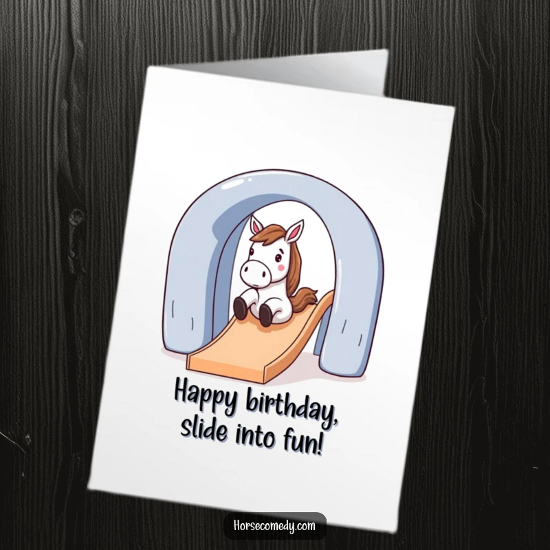 Fun Free Printable Birthday Card: A horse character joyfully slides down a large, arched slide with excitement.