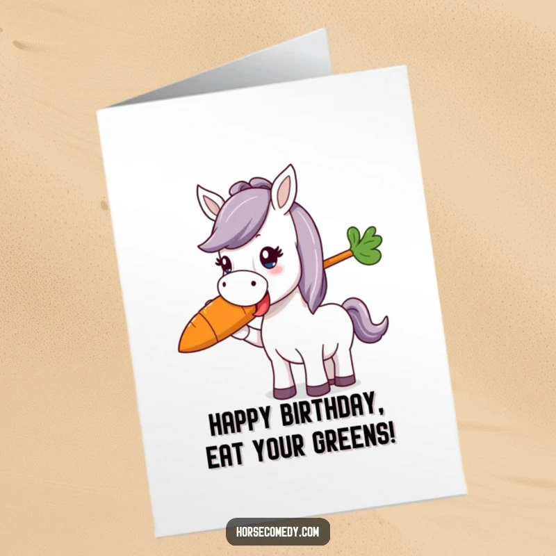 Funny Free Printable Birthday Card: A horse character joyfully munches on a huge, colorful carrot with pure delight.