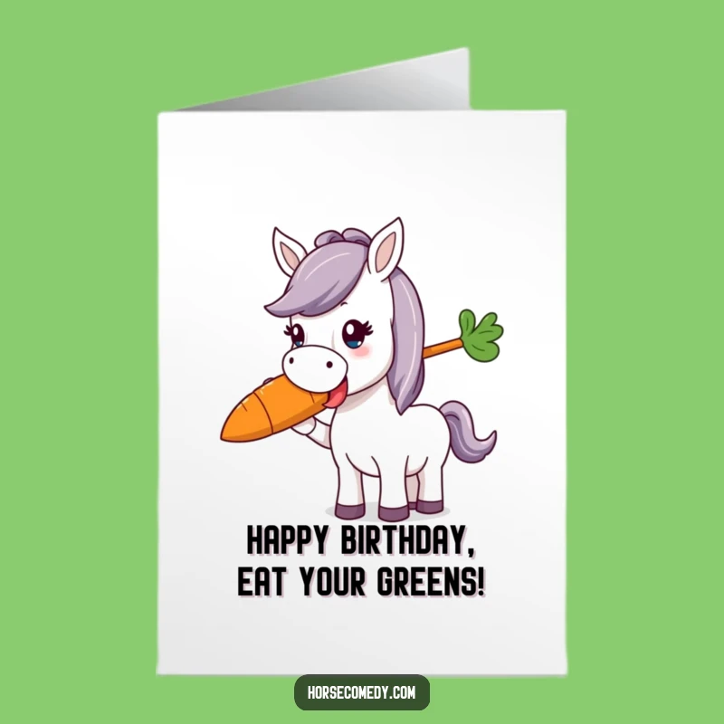 Free Printable Funny Birthday Card: Happy Horse Munching Giant Carrot, Yum DIY Gift