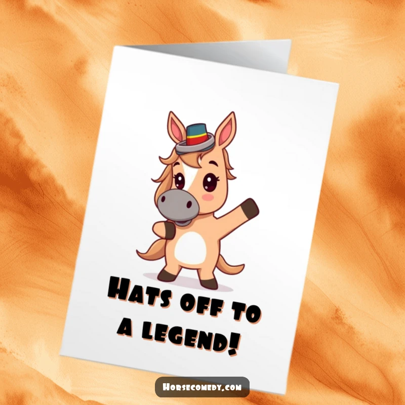 Funny Free Printable Birthday Card: Cute horse in top hat striking a dramatic pose, ready for a theatrical celebration.