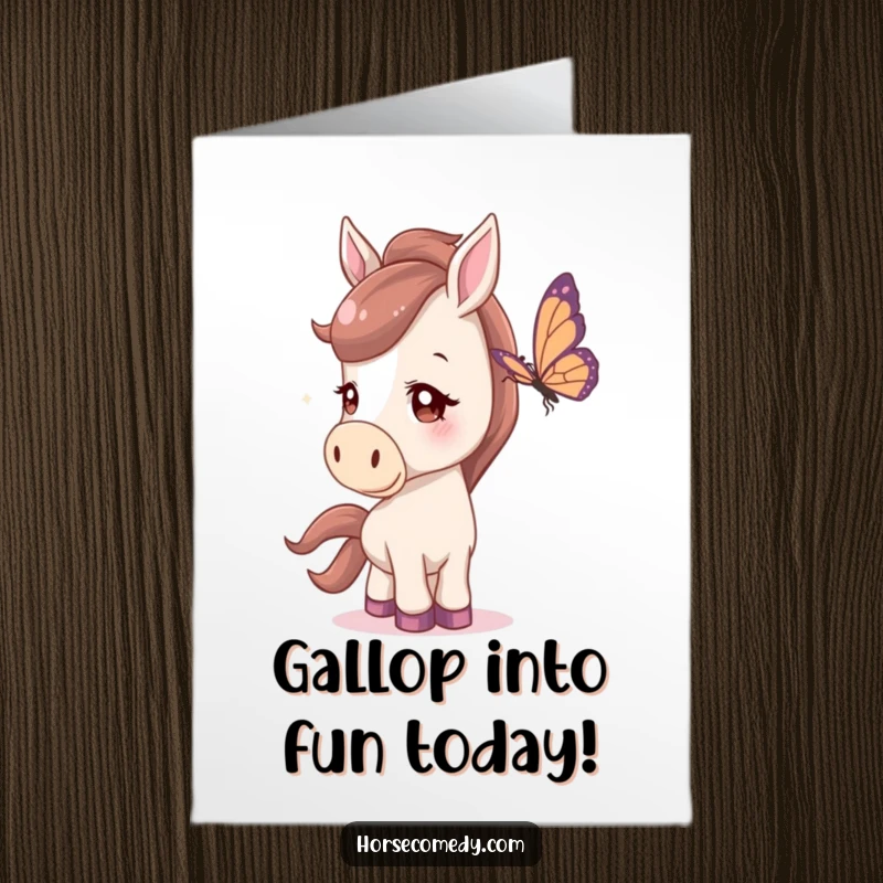 Funny free printable birthday card featuring a horse character with a curious head tilt, watching a butterfly, evoking a sense of wonder.