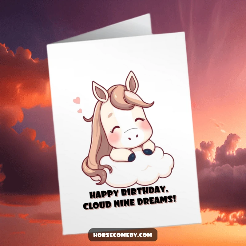 Funny Free Printable Birthday Card: A horse rests its head contentedly on a fluffy cloud, sighing with pure bliss.