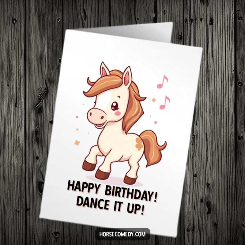 Funny Free Printable Horse Birthday Card: A cheerful horse happily taps its hooves to the rhythm of music, celebrating your day.
