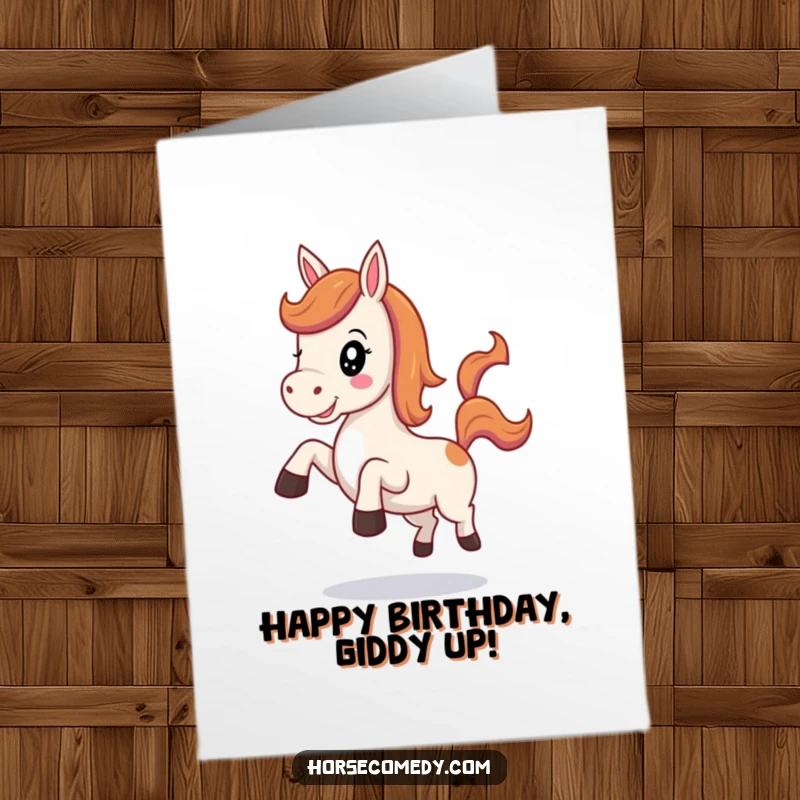 Funny Free Printable Birthday Card featuring a kawaii horse neighing happily and playfully kicking its heels in celebration.