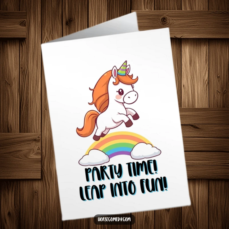 Funny free printable birthday card: A horse wearing a tiny party hat joyfully leaps over a colorful rainbow.