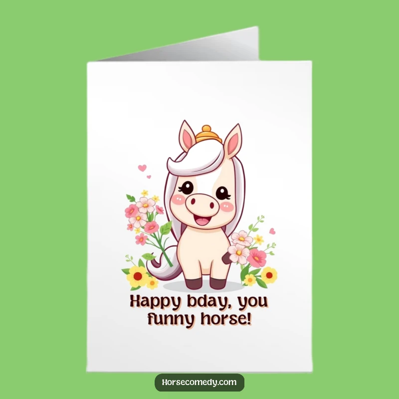 Free Printable Horse Birthday Card: Silly Hat Equine with Flowers Funny Downloadable Gift