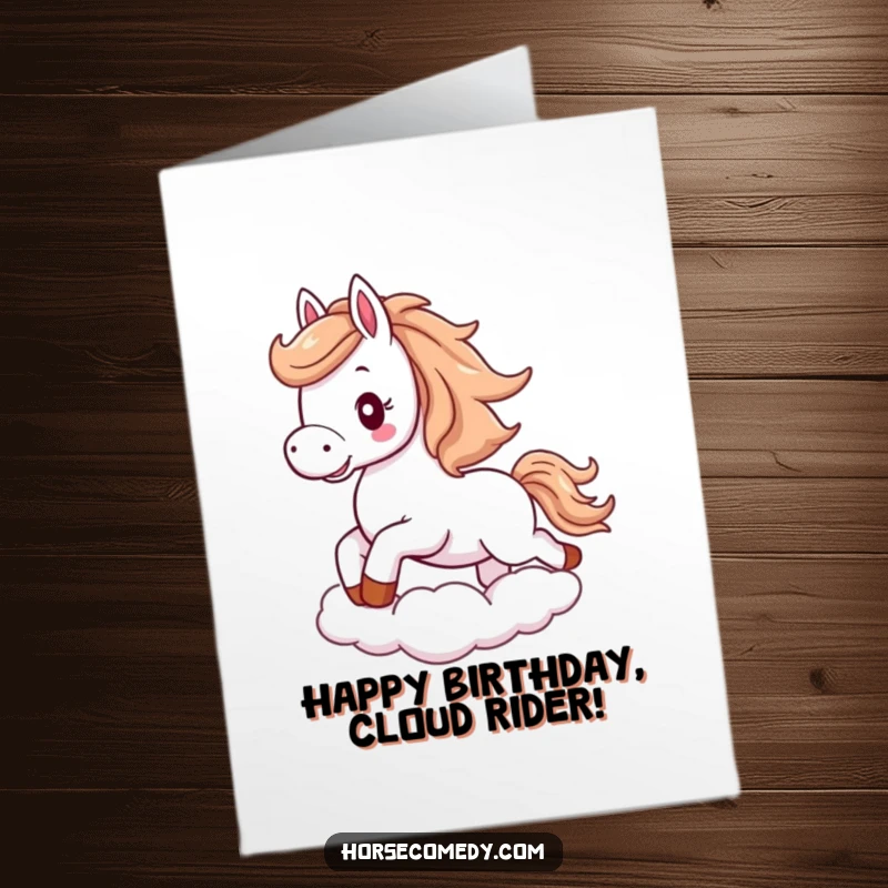 Funny Free Printable Birthday Card: Fluffy horse with flowing mane excitedly galloping across a cloud, a magical and joyous birthday.