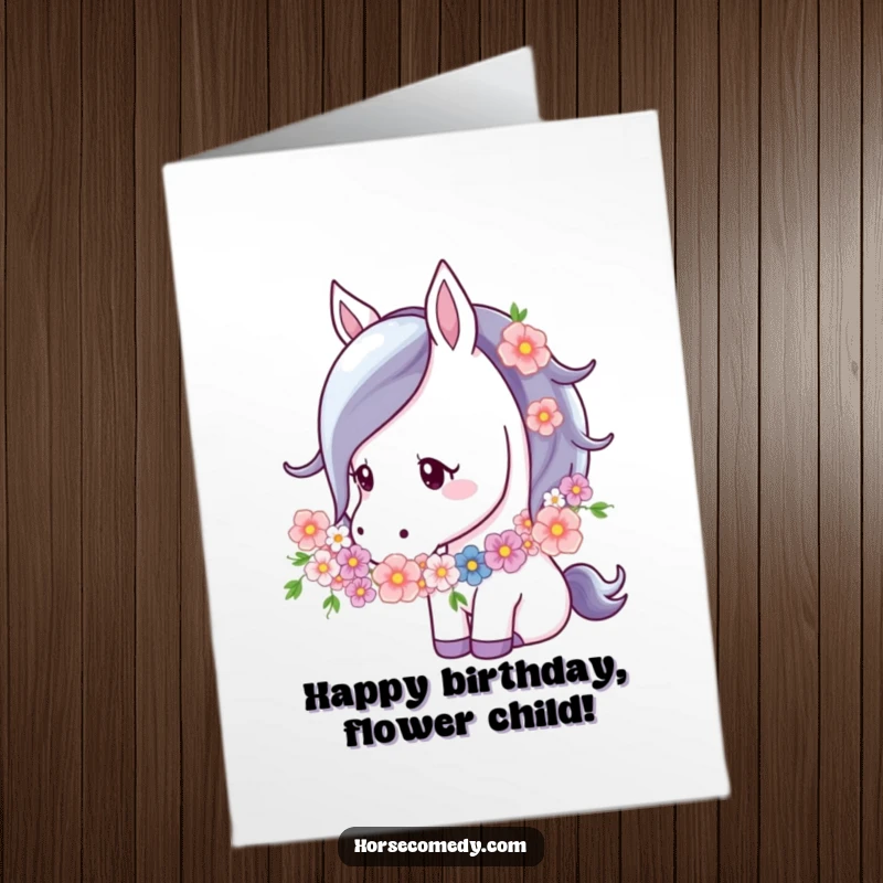 Funny free printable birthday card of a horse with a flower garland nuzzling them gently with affection.