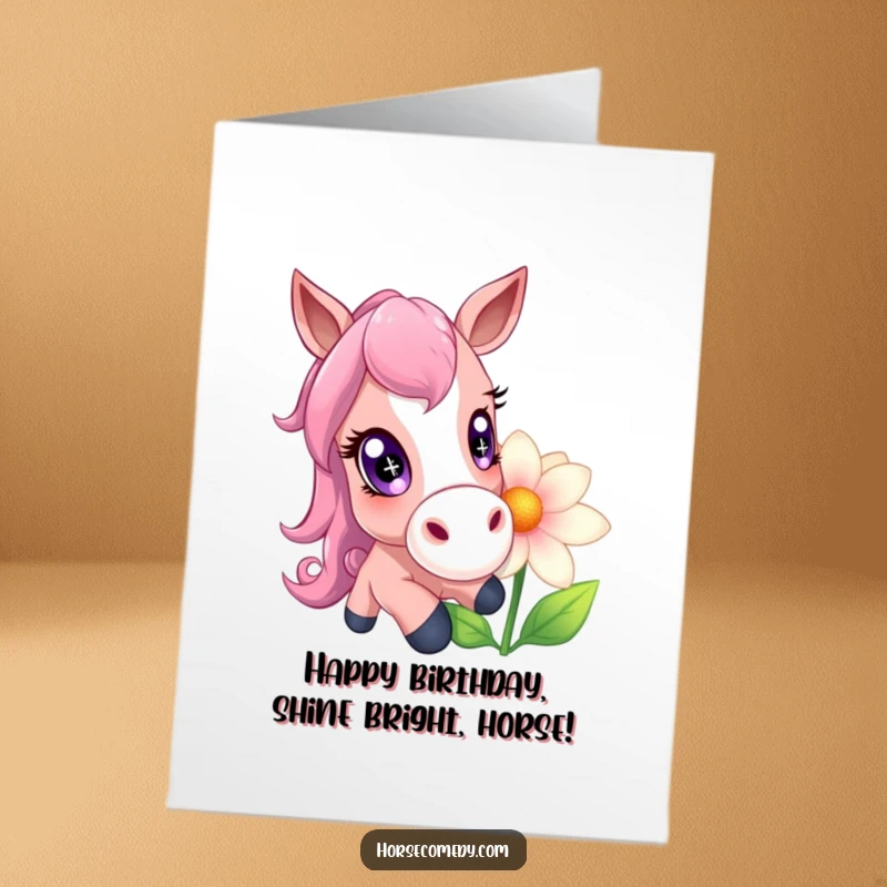 Funny Free Printable Birthday Card: A horse with huge, sparkling eyes playfully nudging a giant, colorful flower, spreading charm.