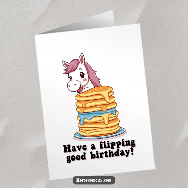 Funny Free Printable Birthday Card: Delighted horse balancing a stack of colorful, wobbling pancakes, a tasty gift.