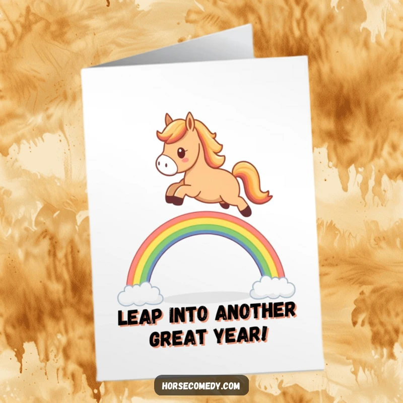 Funny Free Printable Birthday Card: Cute horse character joyfully leaping over a small, colorful rainbow arch.