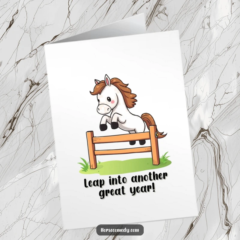 Funny Free Printable Birthday Card: Horse dramatically leaping over a small, colorful fence with great energy, a dynamic greeting.