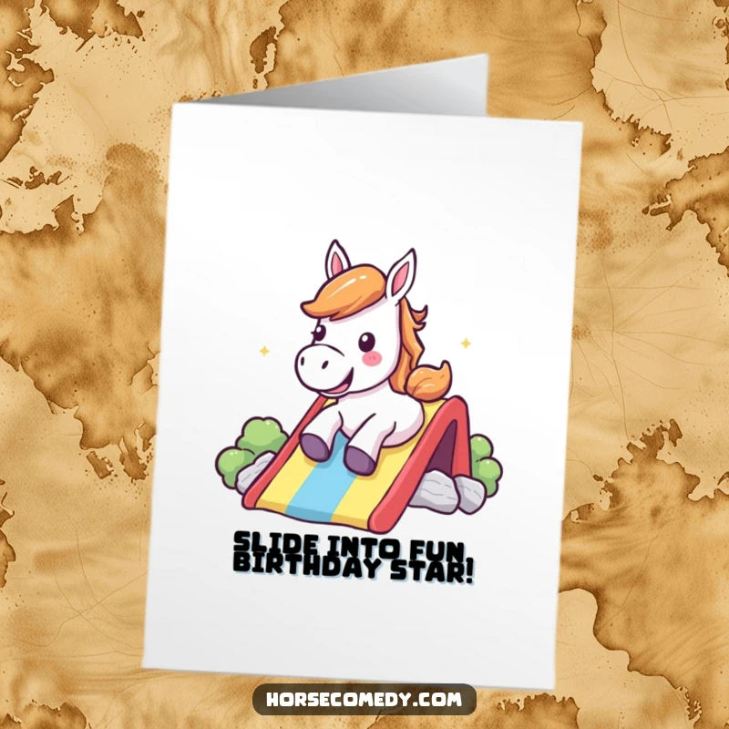 Funny Free Printable Birthday Card: Happy horse gleefully sliding down a rainbow, shouting with joy.