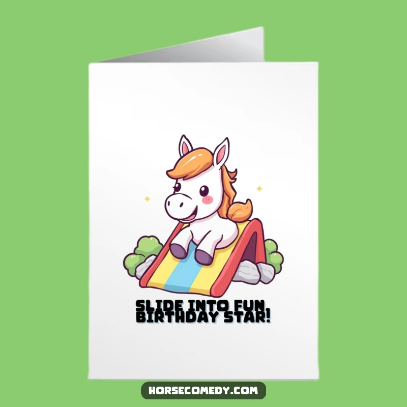 Free Printable Funny Horse Rainbow Slide Birthday Card - Cheerful Downloadable Gift