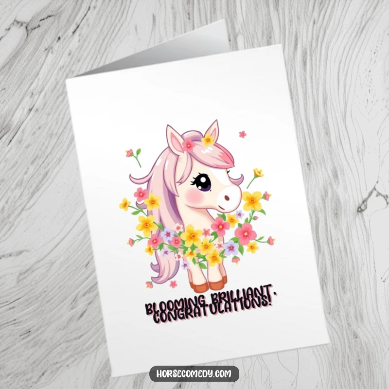 Funny Free Printable Congratulations Card: A horse is adorned with a garland of colorful flowers, downloadable celebration of beauty.