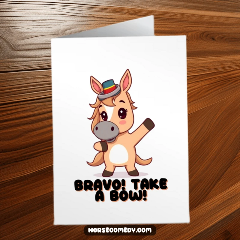 Funny Free Printable Congratulations Card: Horse in a top hat striking a theatrical pose, celebrating success with flair.