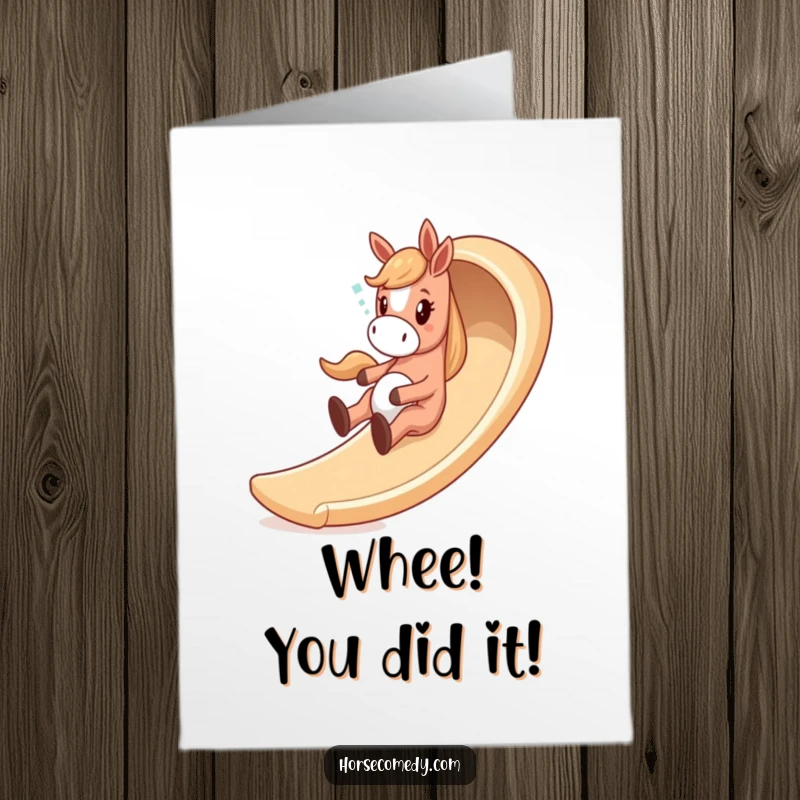 Funny Free Printable Congratulations Card: Giddy horse sliding down a whimsical slide, a hilarious downloadable gift.