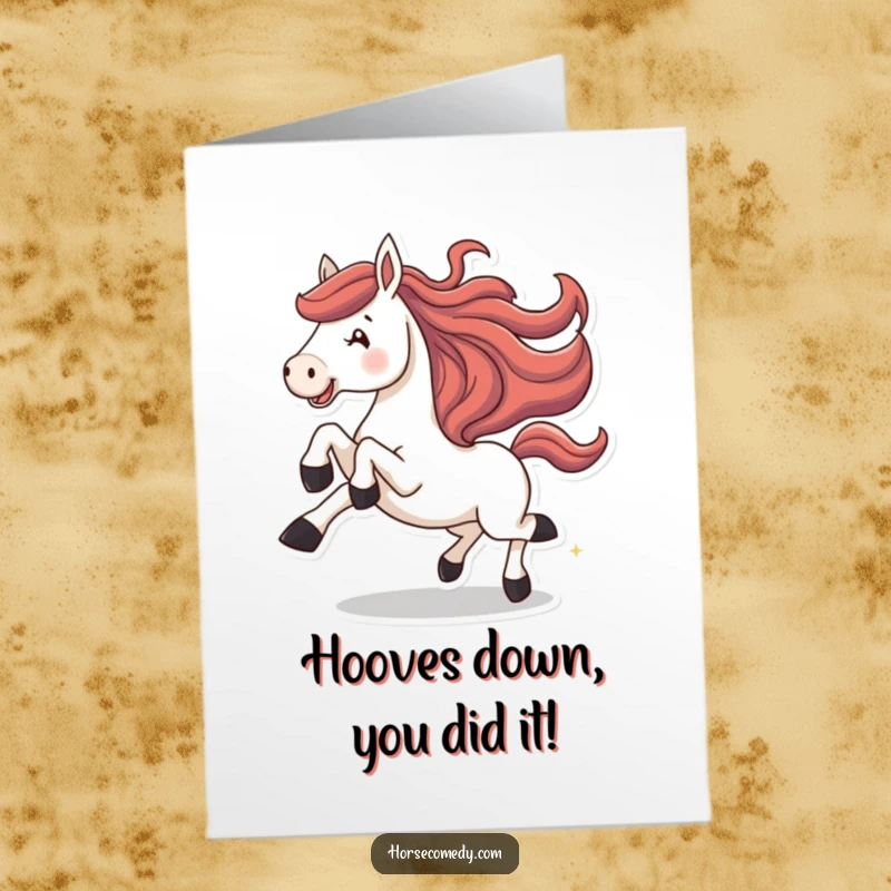 Funny Free Printable Congratulations Card: A horse gallops with exuberant kicks, celebrating success.