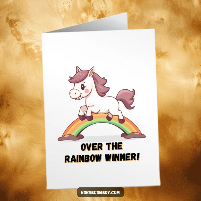 Funny Free Printable Congrats Card: A joyful horse character leaping energetically over a colorful rainbow bridge, celebrating achievement.