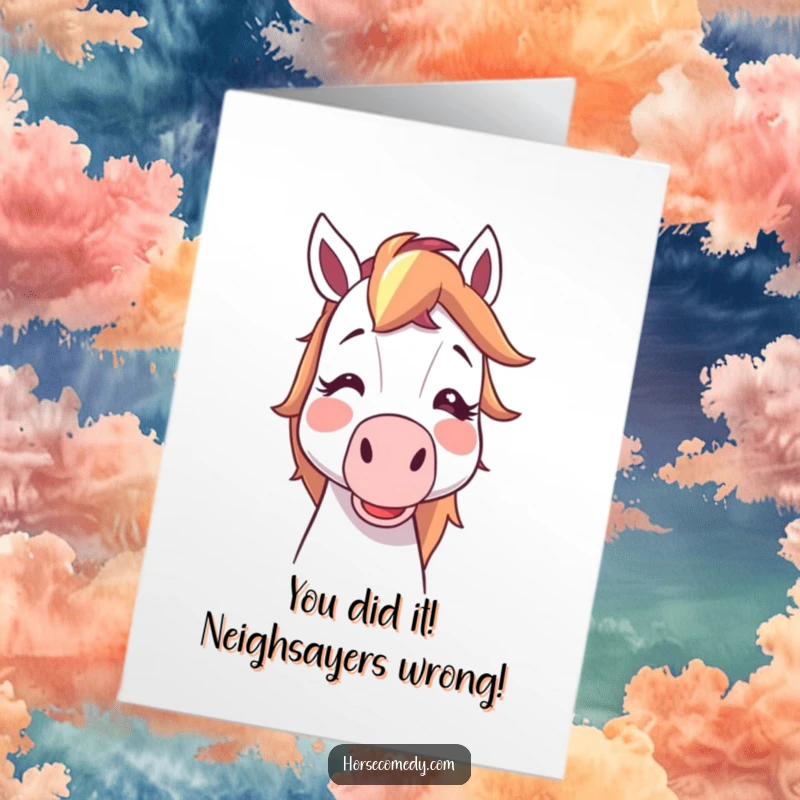 Funny Free Printable Congratulations Card: A blushing horse prepares to blast a noisemaker, adding hilarious cheer to any congratulatory message. Get yours!