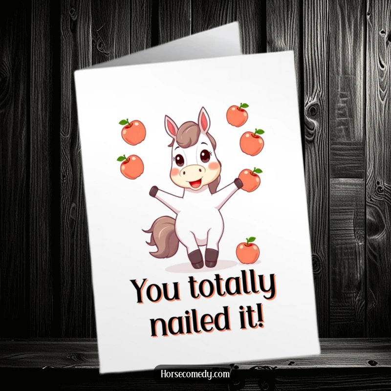 Funny Free Printable Congrats Card: Happy horse juggling bright apples, celebrating a successful accomplishment with quirky charm.