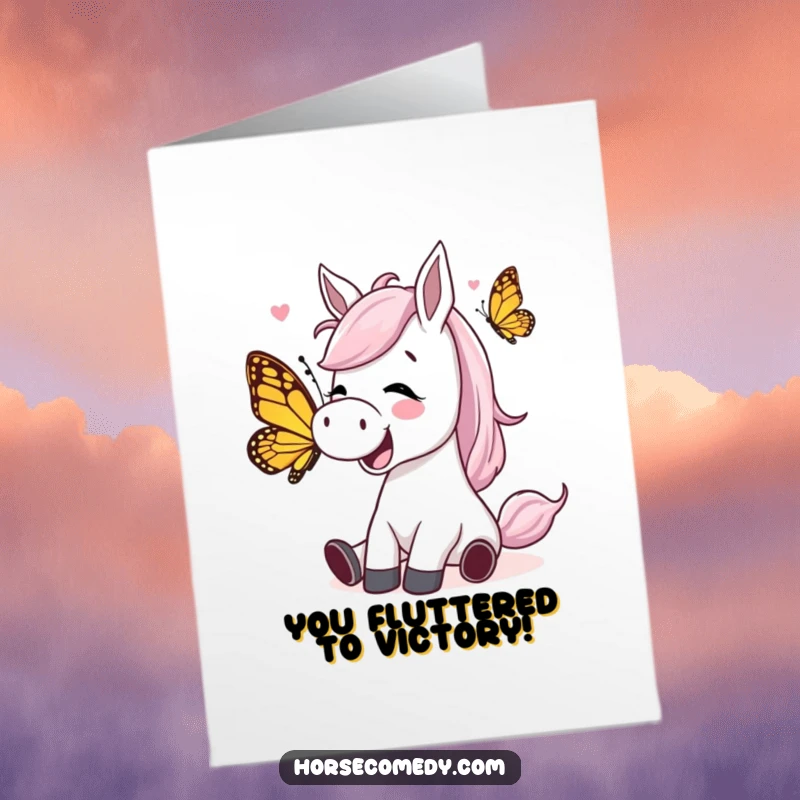 Funny Free Printable Congratulations Card: Horse character giggling with pure joy as a playful butterfly tickles its face, a happy card.