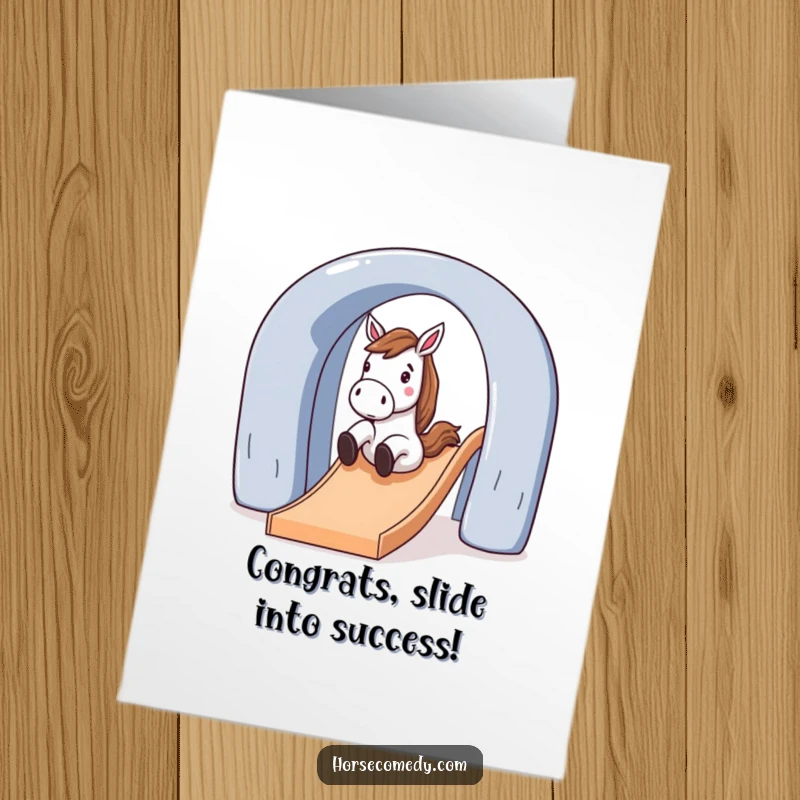 Fun Free Printable Congratulations Card: A horse character slides down an arched structure with glee and speed.