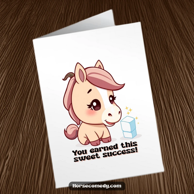 Funny Free Printable Congrats Card: A horse with a curious head tilt excitedly eyes a sparkling sugar cube, celebrating success.
