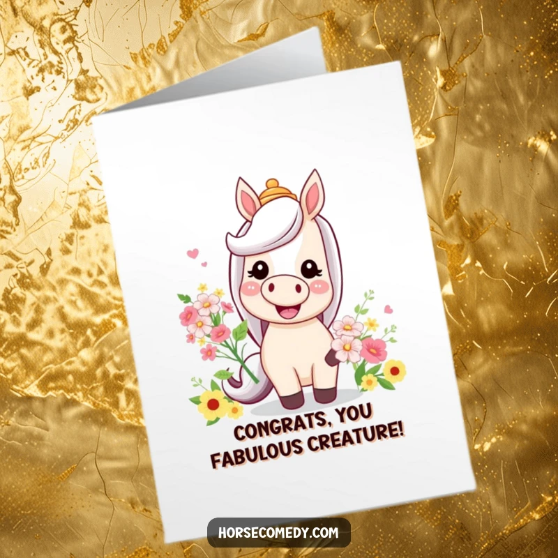 Funny Free Printable Horse Congratulations Card: A smiling horse in a silly hat holds flowers, congratulating your fantastic win.