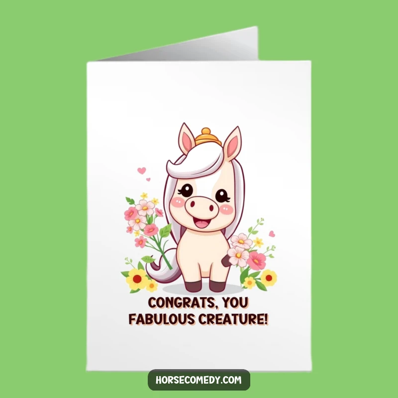 Free Printable Horse Congrats Card: Silly Hat Equine & Flowers Funny Downloadable