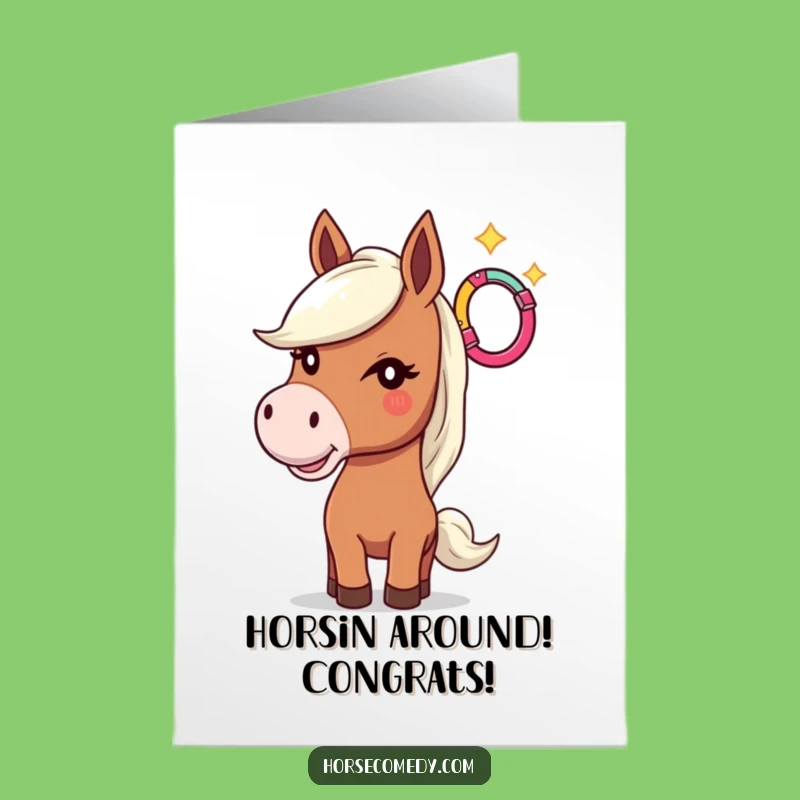 Free Printable Horse Congrats Card: Winking Equine Tossing Lucky Horseshoe Funny Downloadable