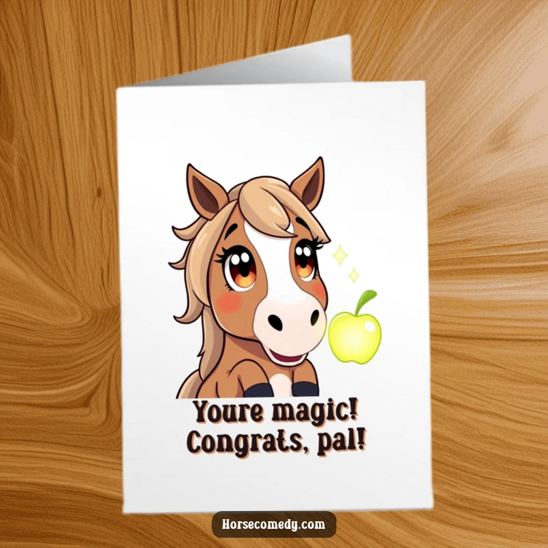 Funny Free Printable Horse Congratulations Card: Astonished horse stares at a luminous magical apple, celebrating your success.