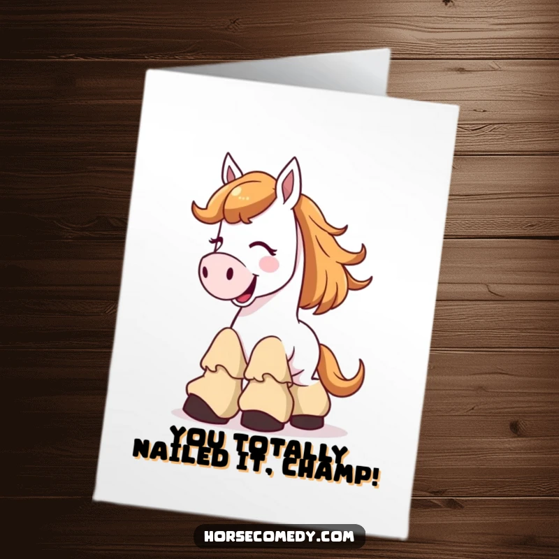 Funny free printable congratulations card showing a happy horse character in comically large, floppy boots, ready to celebrate.