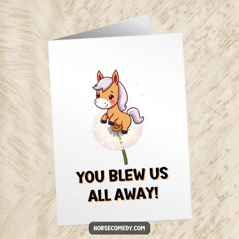 Funny Free Printable Congratulations Card: A happy horse rides a dandelion seed through the air, downloadable celebration of achievement.
