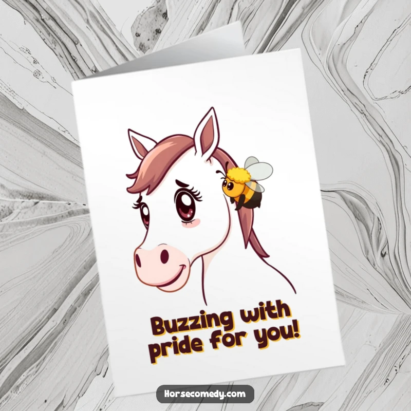 Funny Free Printable Congratulations Card: A startled horse receives a gentle nudge from a friendly bee, downloadable surprise congratulations.
