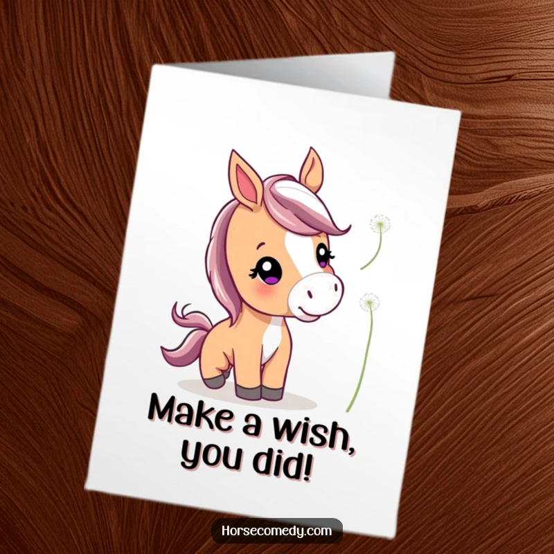 Funny Free Printable Congratulations Card showing a cute horse with perked ears playfully nudging a floating dandelion.