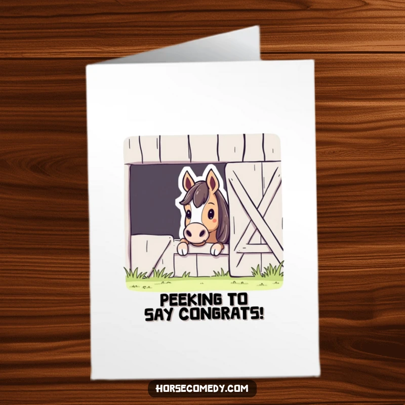 Funny free printable congratulations card with a curious horse peeking from a barn, celebrating success with humor.
