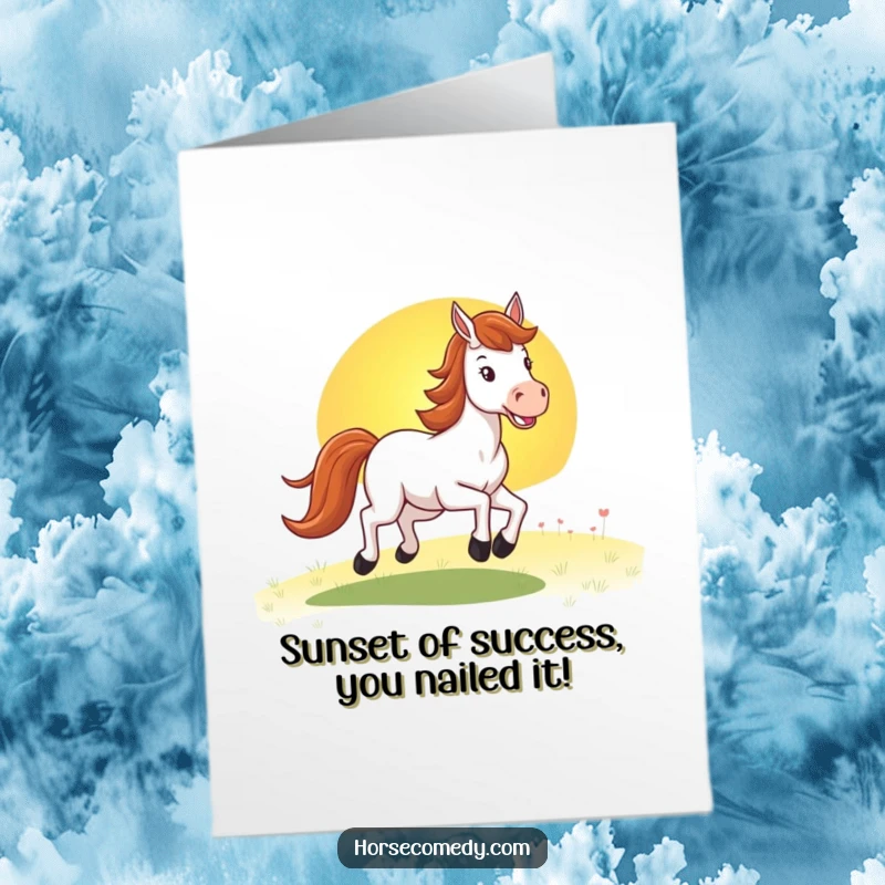 Funny Free Printable Horse Congratulations Card: A happy horse gallops towards a sunset, celebrating success with a downloadable touch.