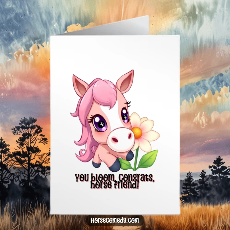 Funny Free Printable Congratulations Card: Horse with big sparkling eyes gently nudging a giant flower, symbolizing new beginnings and success.