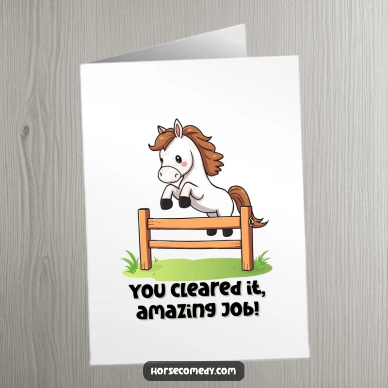 Funny Free Printable Congratulations Card: Horse performing a dramatic leap over a small, colorful fence, celebrating success with flair.