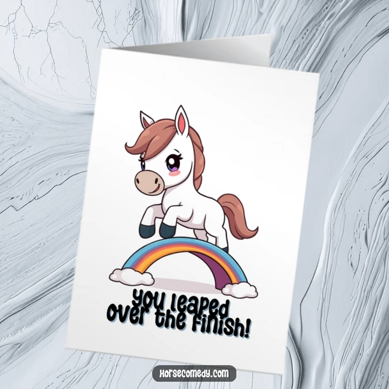 Funny Free Printable Congratulations Card: A horse with determination jumps over a miniature rainbow bridge.