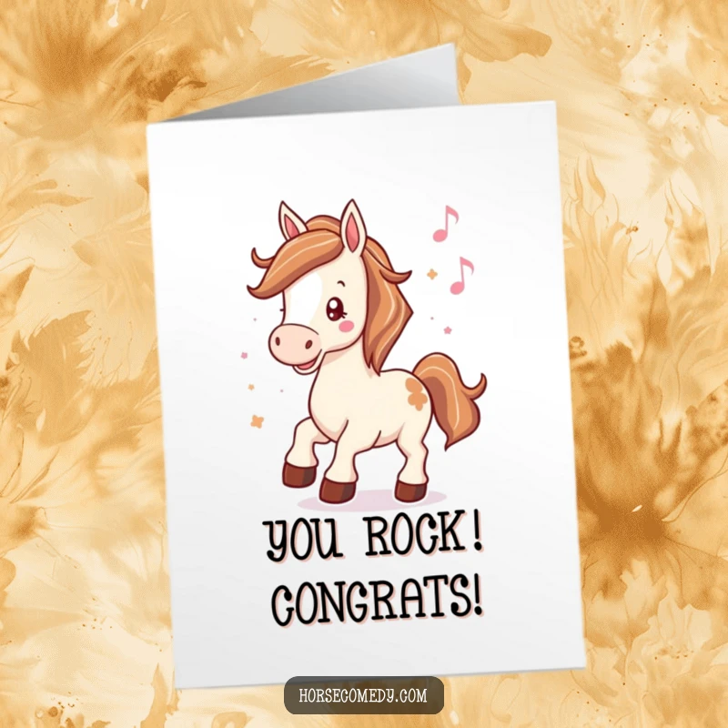 Funny Free Printable Horse Congratulations Card: A joyful horse taps its hooves rhythmically, celebrating your amazing success.