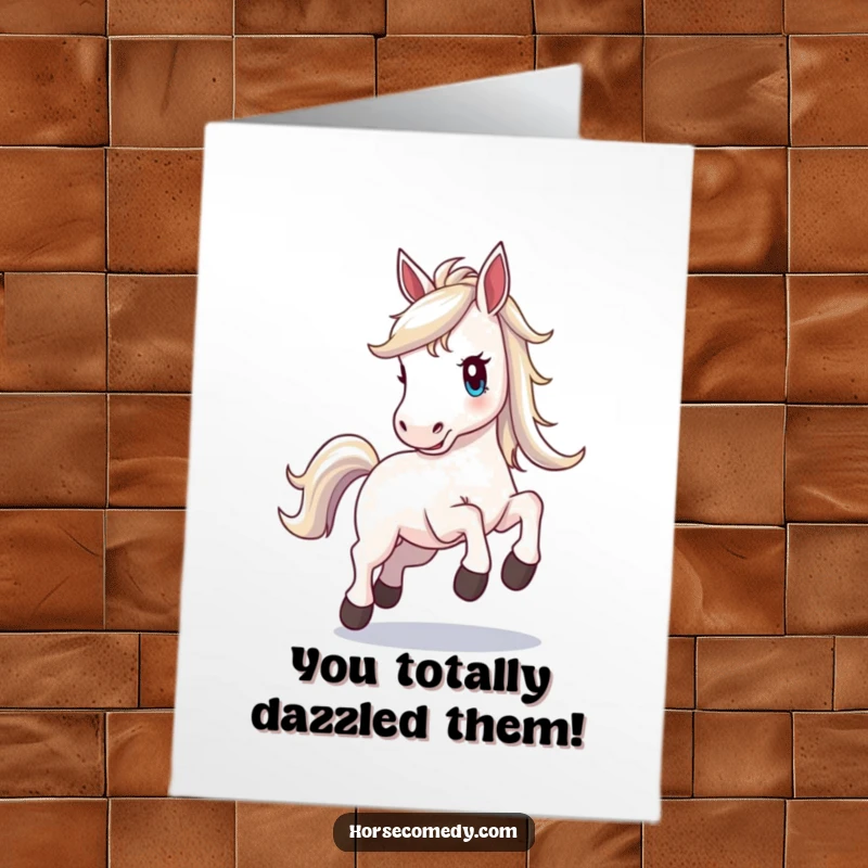 Funny Free Printable Congratulations Card: A horse with a radiant, shimmering mane, prancing joyfully with excitement.